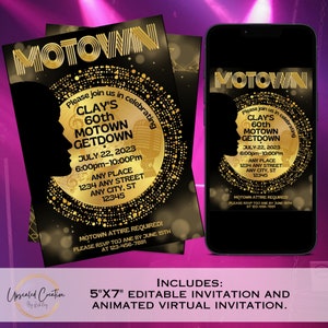 Invitación para hombres de Motown Get Down, invitación para fiesta temática de Motown, fiesta de Motown, Motown Throwback, Funk, descarga digital, plantilla editable, evite