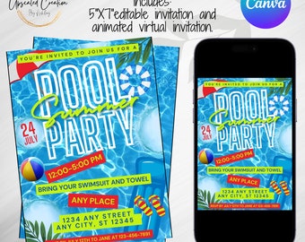 Summer Time Pool Party Invitation, Summer Summer Time, Pool Party Invite, Water invite, Digital download, editable template, evite, animated