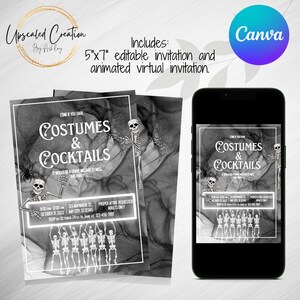 Déguisements et cocktails Invitation d&#39;Halloween - Fête adulte squelette - Invitation effrayante à une soirée cocktail - Téléchargement numérique - Modèle modifiable