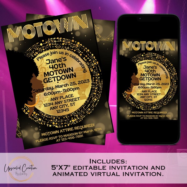 Motown Get Down Invitation, Motown Theme Party Invite, Motown Party, Motown Throwback, Funk, descarga digital, plantilla editable, evitar