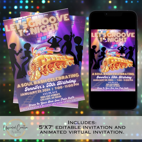 Let's Groove Tonight Soul Train Invitation, Soul Train Invite, Throwback Birthday, Decades Birthday, Soul bash birthday, Disco, Soul Train