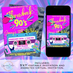 Inbjudan till 90-talsfest: Retro Throwback, redigerbar mall (digital nedladdning)