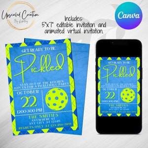 Get Ready To Be Pickled Blue Argyle Pickleball Invite, Digital download, editable template, virtual invite, animated, Pickleball Party, Dink