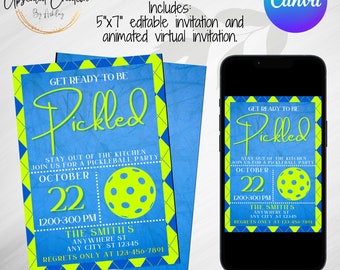 Get Ready To Be Pickled Blue Argyle Pickleball Invite, Digital download, editable template, virtual invite, animated, Pickleball Party, Dink