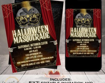 May include: Halloween Masquerade invitation with a skull and mask design, red curtain accents, and event details. Includes a 5"x7" editable invitation and animated virtual invitation.