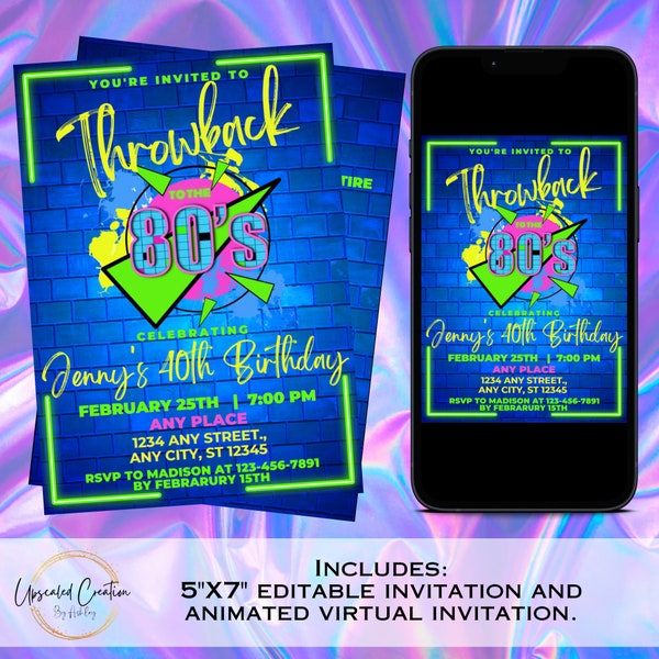 Throwback to the 80's Invitation, 80's Party, Flashback to the 80's invite, Decades Theme Party, digital download, editable template, evite