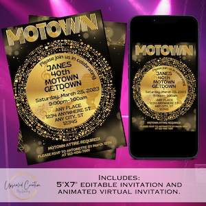 Zaproszenie urodzinowe Soul Train w stylu lat 70. z dyskoteką, edytowalne, szablon Canva | Retro Motown Milestone, impreza z okazji 40., 50. i 60. urodzin | Pobieranie cyfrowe