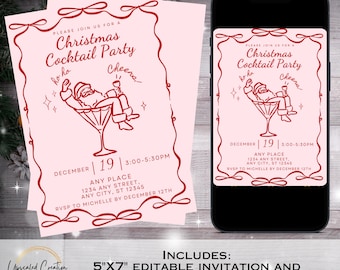 Puede incluir: Invitación rosa para una fiesta de cóctel navideña con una ilustración de Papá Noel en una copa de Martini. La invitación incluye la fecha, hora y lugar. La invitación es de 12,7 cm x 17,8 cm e incluye una invitación virtual animada.