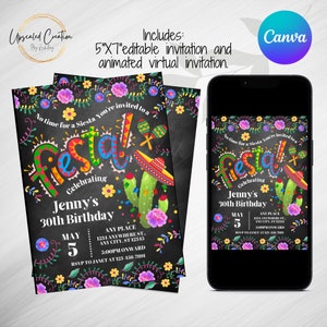 May include: A printable invitation for a 30th birthday party with a festive Mexican theme. The invitation features a chalkboard background with colorful text that says "No time for a Siesta You're invited to a Fiesta celebrating Jenny's 30th Birthday". The invitation also includes a cactus with a sombrero and maracas.