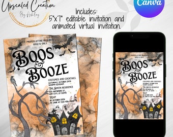 Boos and Booze, Halloween Party, Virtual invitation, Digital download, Editable, Template, Animated, Spooky, Costumes, Cocktail, Halloween