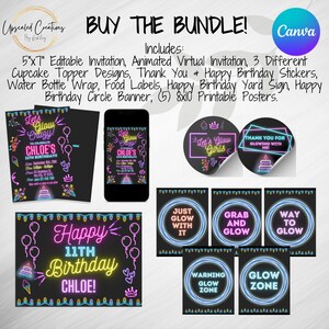 Lets Glow Girls Party Bundle, Digital Download, Editable Template, Virtual Invitation, Glow Party, Neon, Girl Party, Black Light, Glow On