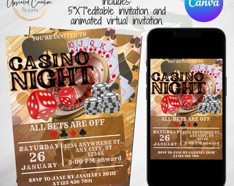 Puede incluir: Invitación editable para una noche de casino de 5x7 pulgadas con un esquema de color dorado, rojo y negro. La invitación presenta una ruleta, cartas de juego, dados y fichas. El texto de la invitación dice "Estás invitado a la noche de casino, Todas las apuestas están cerradas".