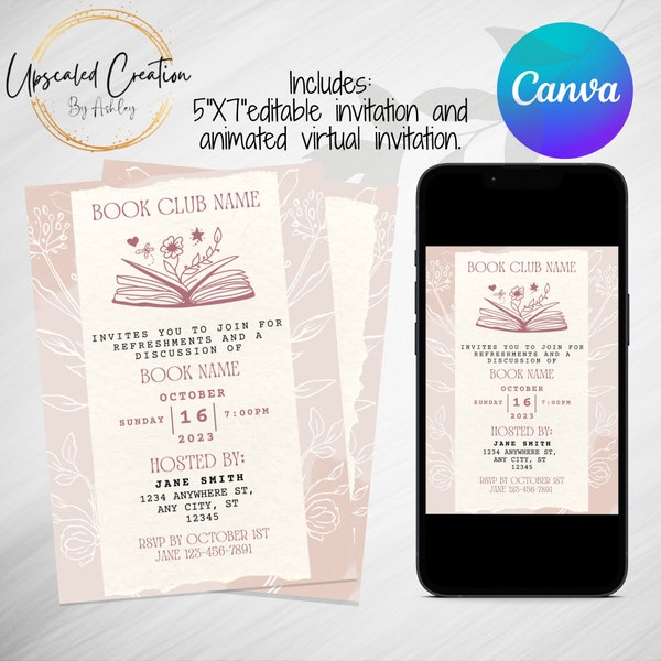 Flower Rose Book Club Invitation, Book Club Invite, Book Club, Book Friends, Book Club Party, digital download, editable template, evite