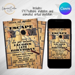 May include: A printable invitation for a 14th birthday party with a brown and gold escape room theme. The invitation features a padlock, chains, and the text "Unlock the Mystery Escape Room".