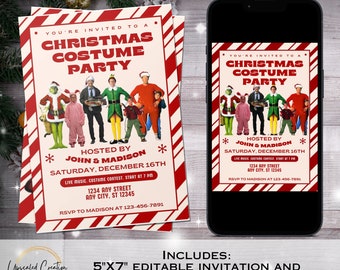 May include: A red and white striped invitation for a Christmas costume party. The invitation features a photo of characters from the movie 'Elf' and 'The Grinch'. The text on the invitation reads "You're invited to a Christmas Costume Party" and "Hosted by John & Madison, Saturday, December 16th".