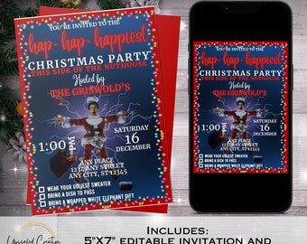May include: Editable 5x7 inch Christmas party invitation featuring a photo of Clark Griswold from the movie "Christmas Vacation" dressed as Santa Claus. The invitation text reads "You're invited to the hap-hap-happiest Christmas Party this side of the Nuthouse Hosted by The Griswold's".