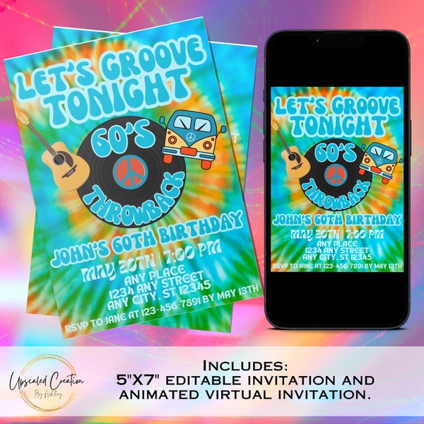 Let's Groove Tonight Tie Dye Throwback Invite, Decade Throwback Invite, Tie Dye Invite, 60's Throwback, digital download, editable template