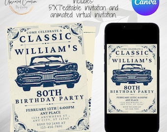 Invitación de cumpleaños de coche clásico: Plantilla editable (descarga digital)