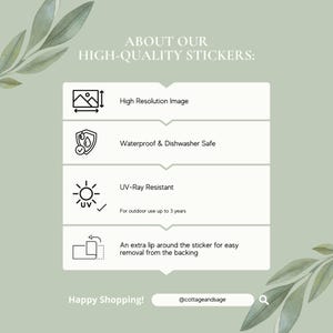 Puede incluir: Un gr&aacute;fico verde claro con texto que describe pegatinas de alta calidad. Incluye im&aacute;genes de alta resoluci&oacute;n, impermeables y aptas para lavavajillas, resistentes a los rayos UV hasta 3 a&ntilde;os y f&aacute;ciles de quitar. Tambi&eacute;n se incluye el texto "Happy Shopping!".