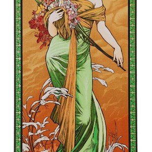 May include: A woman in a green dress with a gold sash holds a bouquet of flowers. The background is a warm orange and brown with a green border. The image is signed "Mucha 1900".