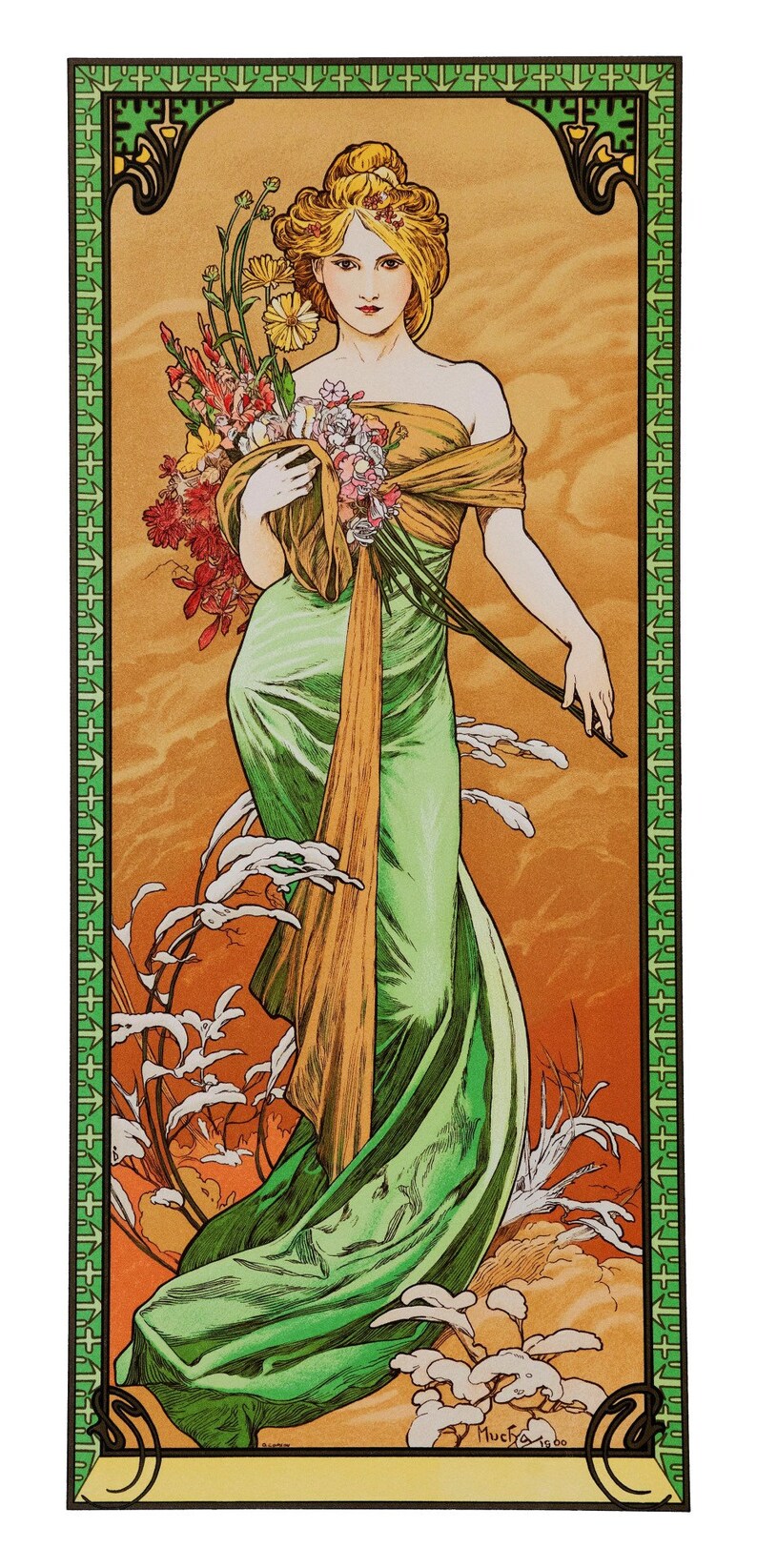 May include: A woman in a green dress with a gold sash holds a bouquet of flowers. The background is a warm orange and brown with a green border. The image is signed "Mucha 1900".
