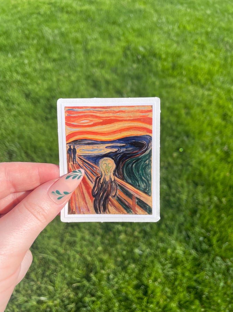 May include: A sticker featuring Edvard Munch's iconic painting "The Scream". The painting depicts a figure with a distorted face and a swirling background of red, yellow, and blue.