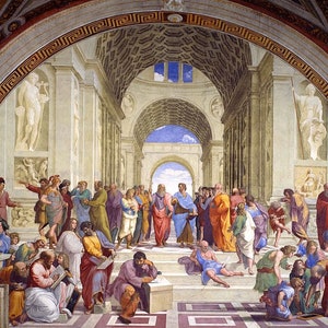 May include: A Renaissance fresco painting depicting a group of philosophers and scholars gathered in a grand hall. The figures are dressed in colourful robes and are engaged in lively discussion. The painting is set against a backdrop of classical architecture and features a vaulted ceiling with intricate details.