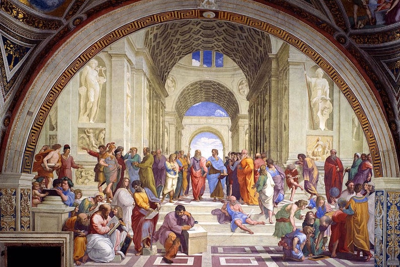 May include: A Renaissance fresco painting depicting a group of philosophers and scholars gathered in a grand hall. The figures are dressed in colourful robes and are engaged in lively discussion. The painting is set against a backdrop of classical architecture and features a vaulted ceiling with intricate details.