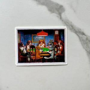 May include: A painting of a group of dogs playing cards around a green felt table. The dogs are wearing collars and are sitting in chairs. There is a red lamp hanging from the ceiling above the table.