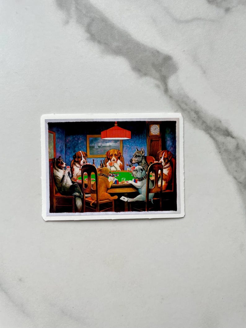 May include: A painting of a group of dogs playing cards around a green felt table. The dogs are wearing collars and are sitting in chairs. There is a red lamp hanging from the ceiling above the table.