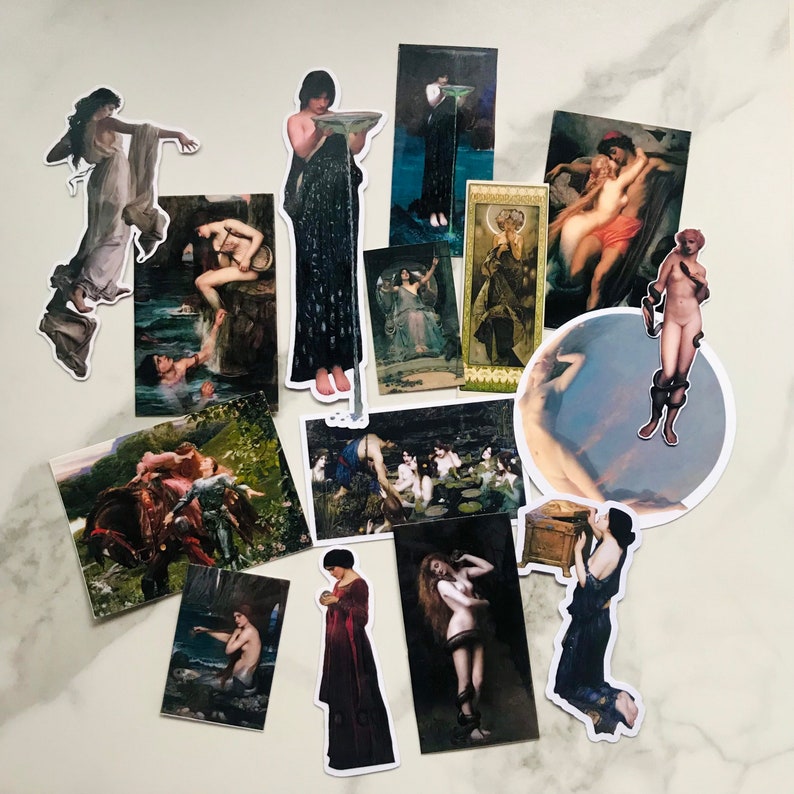 May include: A collection of vintage art prints featuring various mythological and historical figures. The prints are in a variety of styles, including Renaissance, Art Nouveau, and Pre-Raphaelite. The prints are all in good condition and would make a great addition to any art collection.