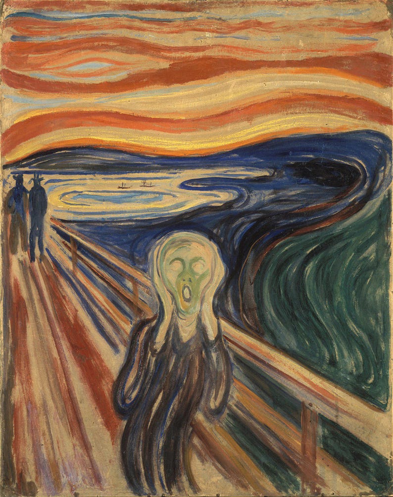 Puede incluir: Una pintura al &oacute;leo sobre lienzo que representa una figura con una cara verde p&aacute;lida gritando, con las manos en las mejillas. El fondo presenta un puente, dos figuras, una masa de agua y un cielo vibrante con tonos naranja y rojo.