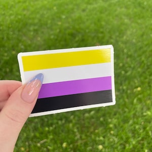Può includere: Un adesivo con la bandiera del pride non binario. La bandiera ha cinque strisce orizzontali: giallo, bianco, viola, nero e bianco.
