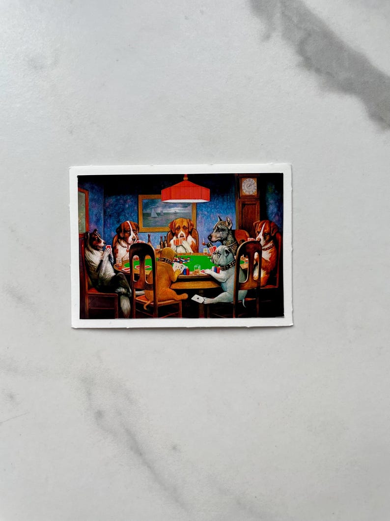 May include: A vintage illustration of a group of dogs playing cards around a green felt table. The dogs are wearing collars and are sitting on chairs. There is a red lamp hanging above the table. The illustration is in a white frame.