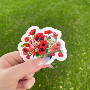 Roter Mohnblumenstrauß Aufkleber, wasserdichter Vinylaufkleber, Blumenaufkleber, Weinlesekunst