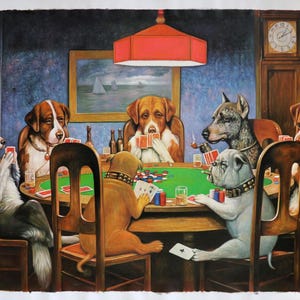 May include: A painting of a group of dogs playing cards around a green felt table. The dogs are wearing collars and are sitting on chairs. There is a red lamp hanging above the table. The painting is done in a realistic style.