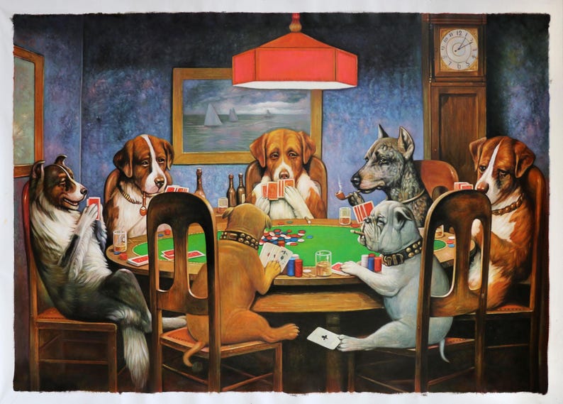 May include: A painting of a group of dogs playing cards around a green felt table. The dogs are wearing collars and are sitting on chairs. There is a red lamp hanging above the table. The painting is done in a realistic style.