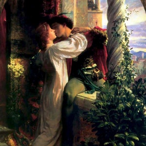 May include: A painting of a couple kissing on a balcony. The man is wearing a red and green outfit, and the woman is wearing a white dress. The balcony is decorated with flowers and vines.