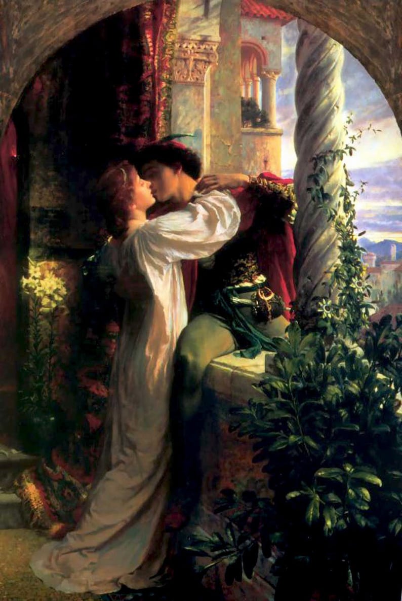 May include: A painting of a couple kissing on a balcony. The man is wearing a red and green outfit, and the woman is wearing a white dress. The balcony is decorated with flowers and vines.