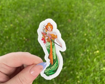 Spring, Waterproof Vinyl Sticker, Art Nouveau by Alphonse Mucha