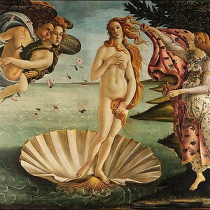 May include: A painting depicting the birth of Venus. The goddess Venus is standing on a large seashell, emerging from the water. She is surrounded by two figures, one with wings and the other holding a red cloth. The background is a landscape with trees and water.