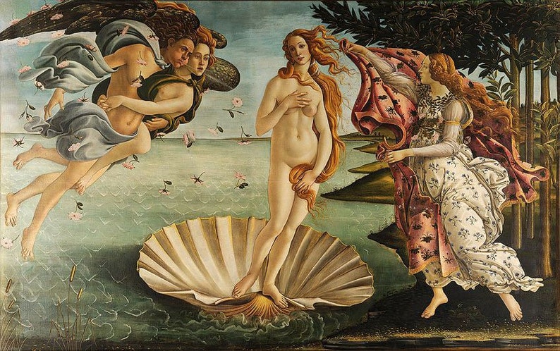 May include: A painting depicting the birth of Venus. The goddess Venus is standing on a large seashell, emerging from the water. She is surrounded by two figures, one with wings and the other holding a red cloth. The background is a landscape with trees and water.