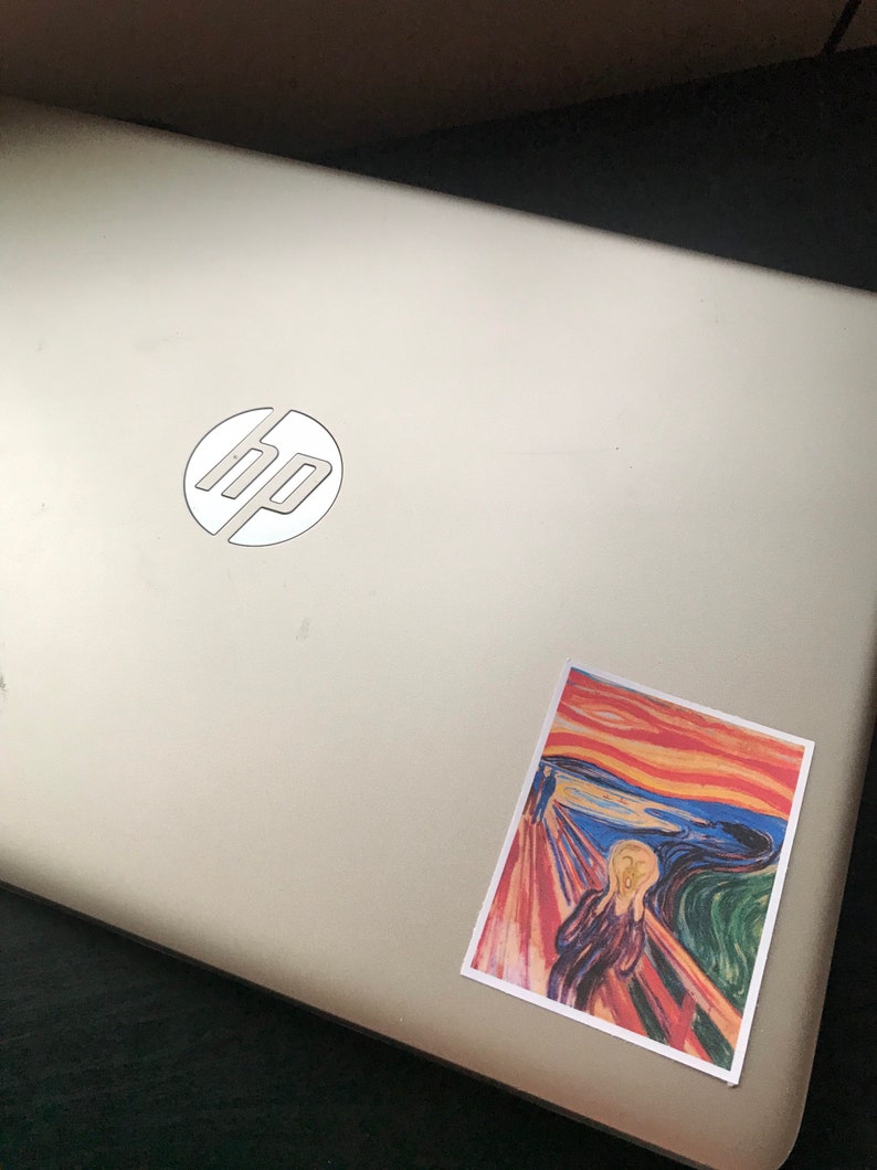 May include: A silver laptop with the HP logo and a sticker of Edvard Munch's "The Scream" painting.