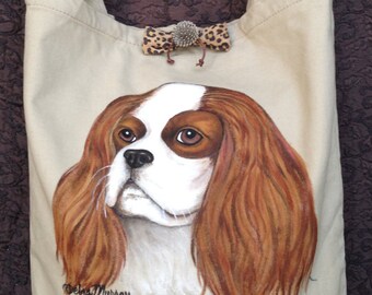 Cavalier King Charles Spaniel Handbag, Shoulder bag, Hand painted Handbag, Dog Art bag, Travel bag, Carry bag, Dog lovers bag, Handmade,