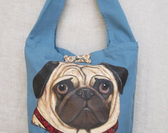 Pug Shoulder bag, Hand painted bag, travel bag, Canvas bag, Dog art bag, Dog lovers bag, Canvas hand painted bag