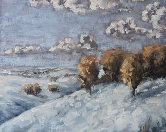 Snowy Hillside, original 11 X 14" oil painting in a black wood float frame