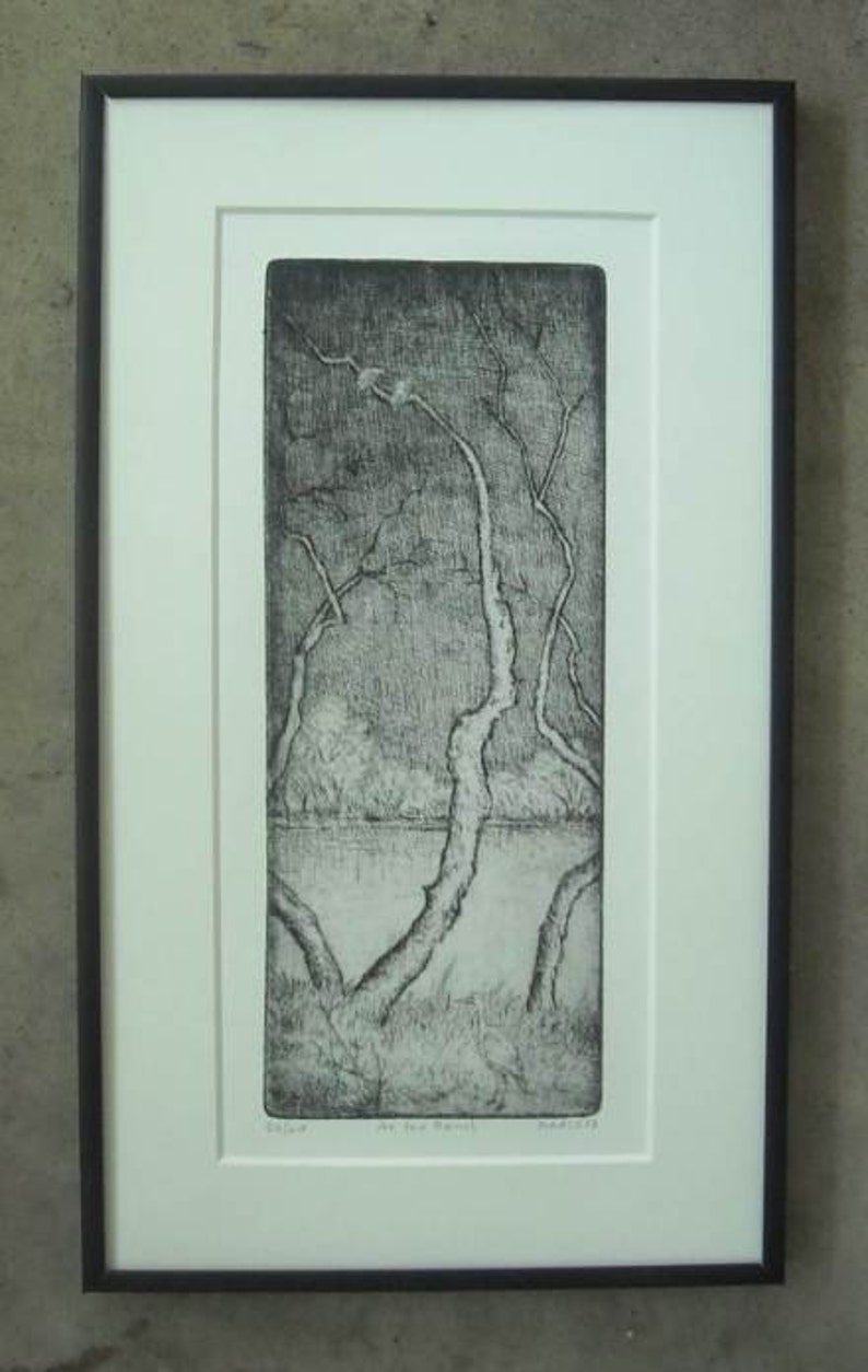 At the Pond. Drypoint. framed and ready to hang. image 2