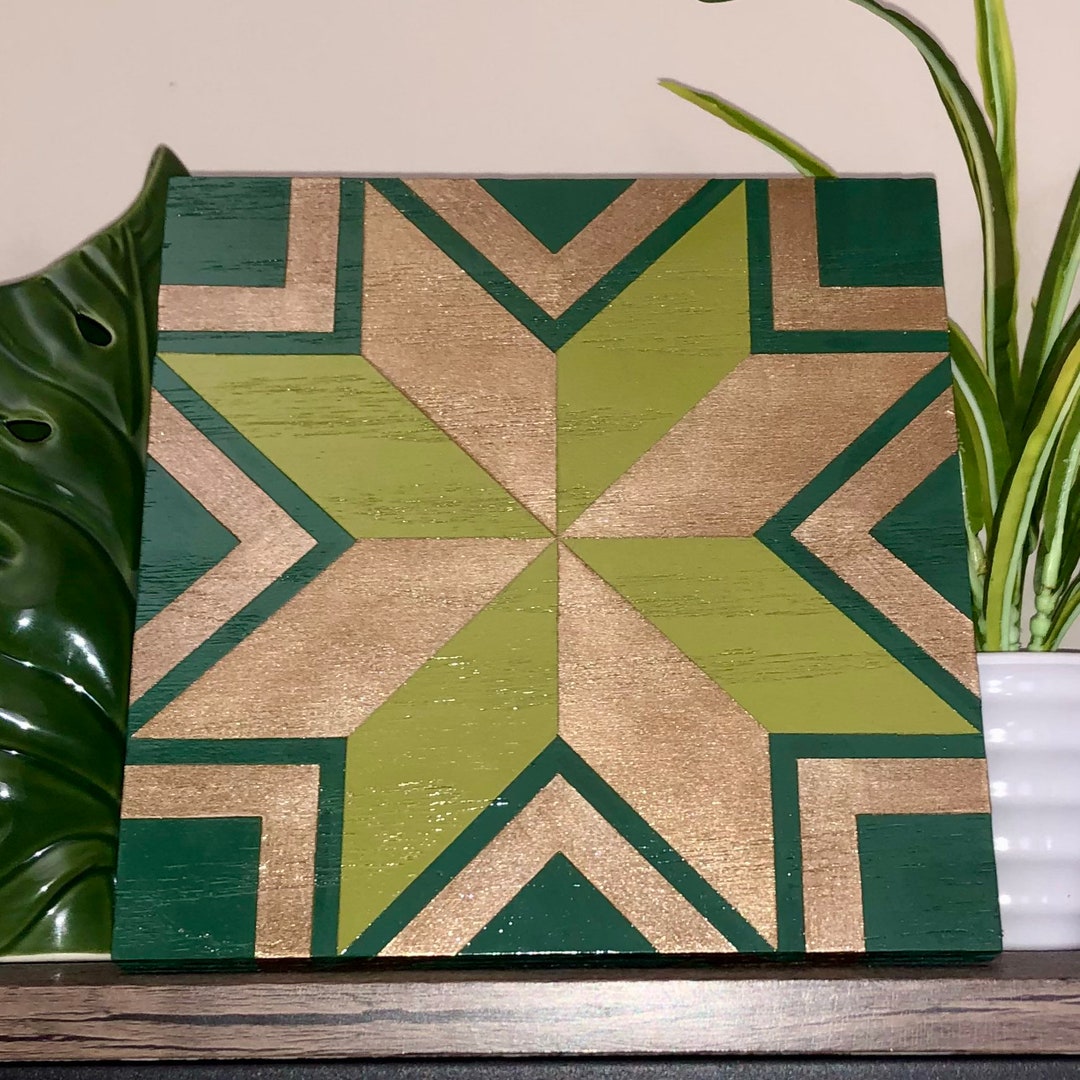 Mini Barn Quilt 8 X 8 Inches Solid Wood Green/champagne Etsy