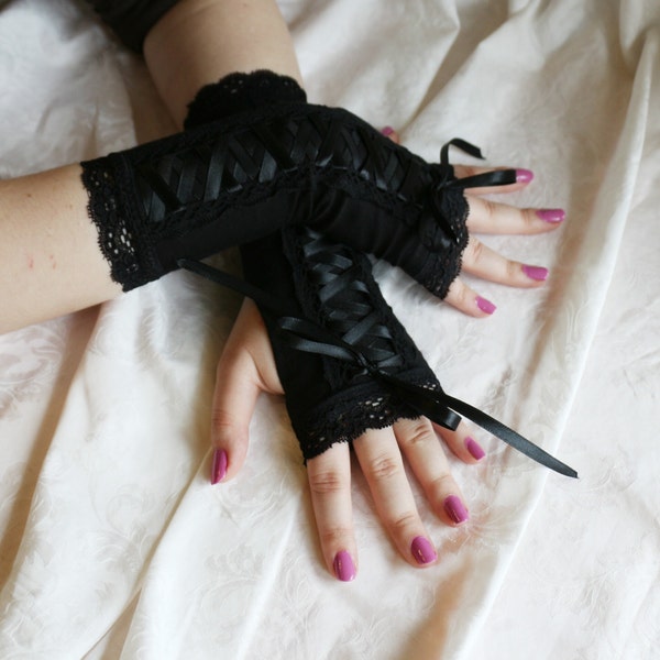 Black laced up gothic armwarmers fingerless gloves