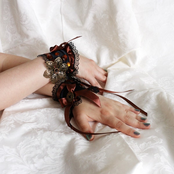 Black-brown steampunk lolita princess romantic fairy fantasy wrist cuffs / bracelets / wrist wraps